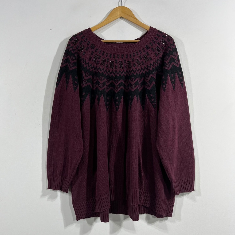 Lane Bryant 90s Folk Nordic Fair Isle Sequin Sweater Burgundy 26 28 Holiday Chic